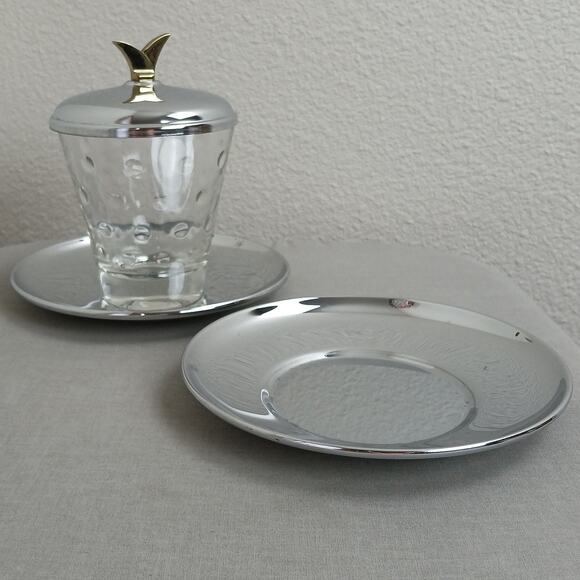 Kromex Other - Kromex Serving Set 4" polka dot glass, lid, & 2 silver chrome plates VTG 50s MCM